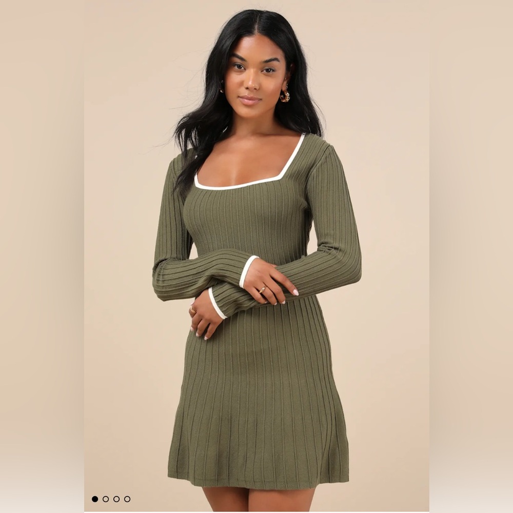 Lulus Olive Green Textured Long Sleeve Dress